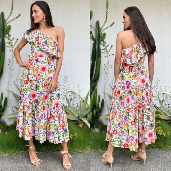 NEW Borgo De Nor Petra One Shoulder Ruffle Midi Dress Tiered Floral Print - Picture 6 of 16